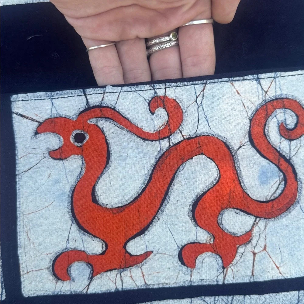 Chinese Dragon Batik Motif Wall Hangings in Black & Orange with Pockets, 24”
